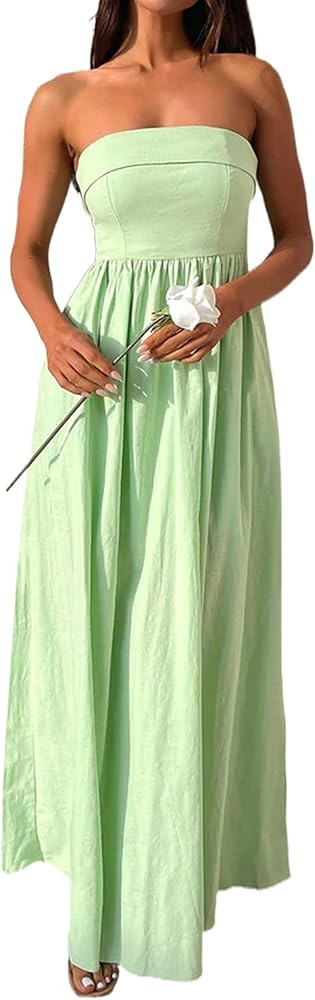 Women Summer Strapless Maxi Tube Dress 2024 Trendy Solid Pleated Flowy Dress Wedding Guest Maxi D... | Amazon (US)