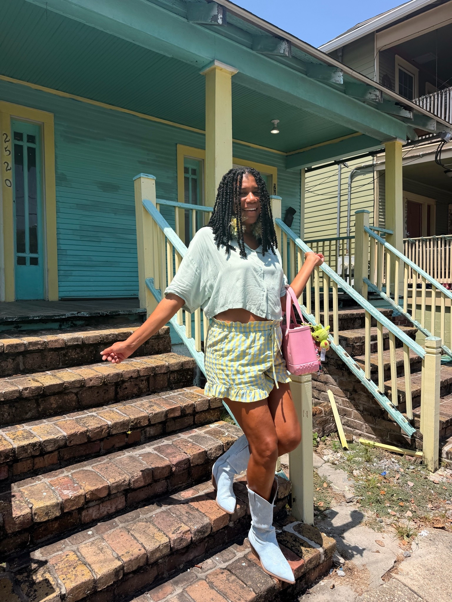 Green crop +
Blue, yellow plaid ruffle shorts +
Blue cowboy boots

#LTKdayinmylife #LTKootd #LTKOver40