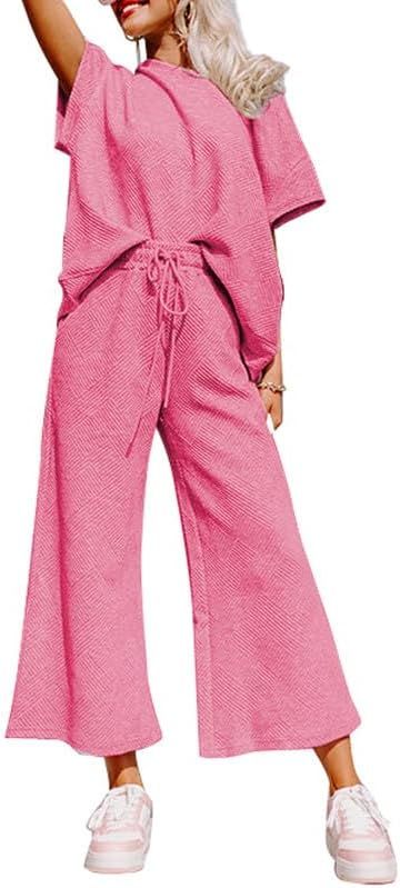 SHEWIN Women's 2 Piece Outfits Sweatsuit Casual Short Sleeve Pullover Tops and Drawstring Wide Le... | Amazon (US)