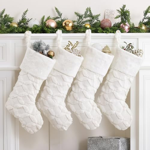 CARAKNOTS White Christmas Stockings Set of 4 Large Christmas Stockings for Family Kids 21 Inch Faux Fur Neutral Luxury Vintage Xmas Stocking for Fireplace Door Wall Holiday Decorations | Amazon (US)