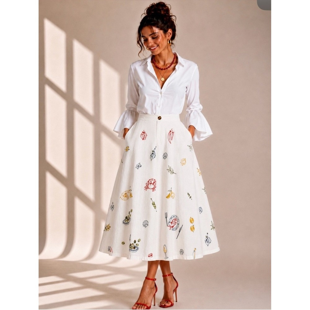 Caroline Constas Embroidered Seafood Midi Skirt White Linen Blend Size 4 NEW | Poshmark