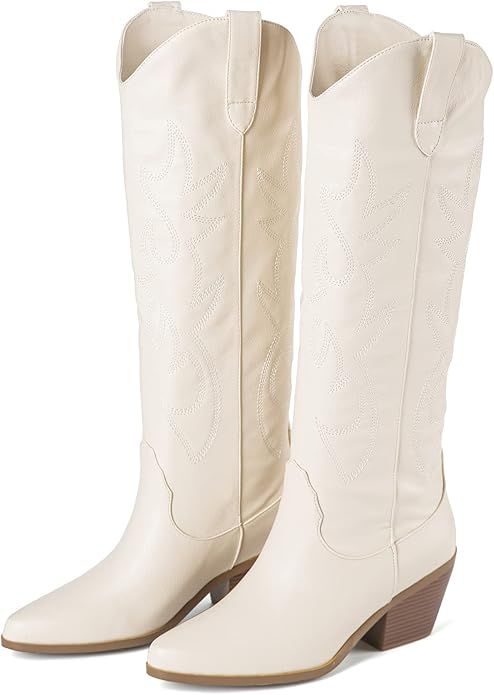 ZXHYZLZ Women's Cowboy Boots Knee High Seam Mid Heel Block Heel Almond Pointed Toe Fashion Classi... | Amazon (US)