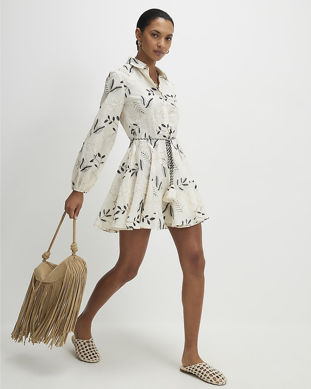 Cream Embroidered Mini Shirt Dress | River Island UK & IE
