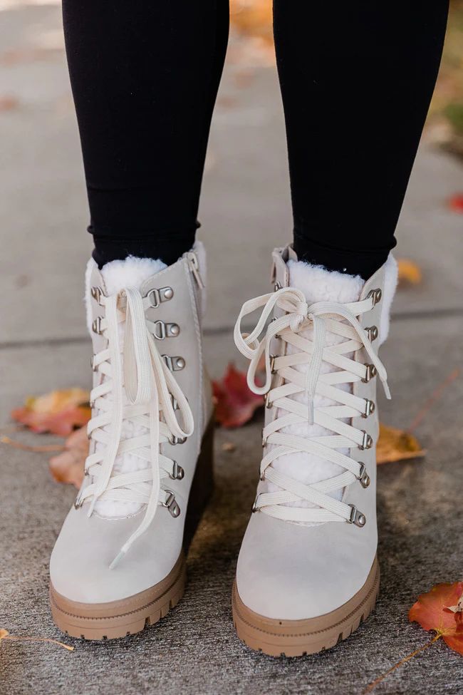 Tami Beige Fleece Lace Up Booties | The Pink Lily Boutique