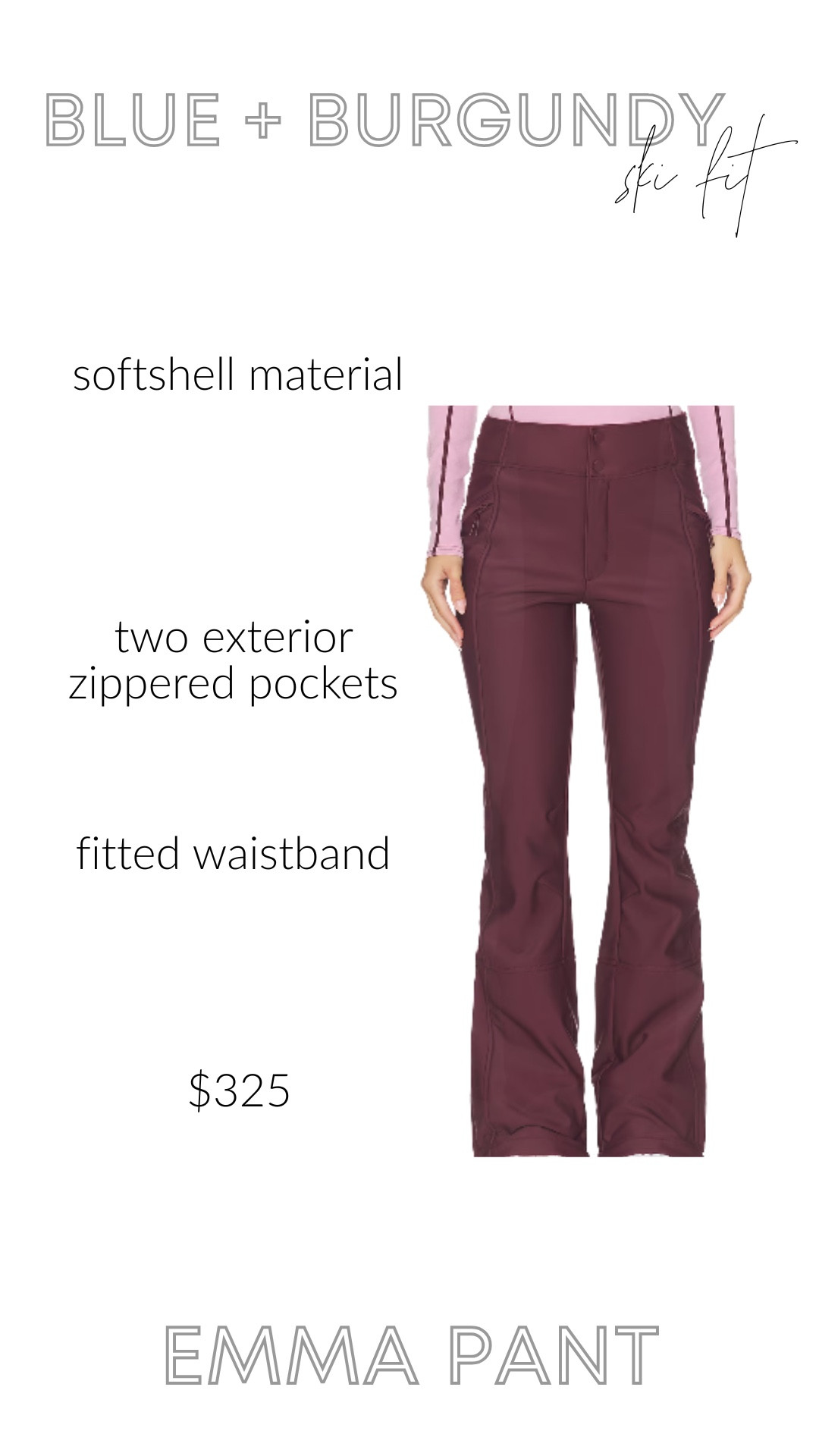 This rich cherry red ski pant is seriously a statement — think high-impact color + serious winter performance. The soft-shell fabric and slim, streamlined silhouette make it perfect under outerwear or styled on its own for travel and après. It’s classic ski energy meets modern capsule wardrobe. Whether you’re hitting the slopes or just want an elevated cold-weather look, this cherry tone will get you noticed — and it works beautifully with deep neutrals, creams, and even burgundy or baby blue accents. Add this to your winter wardrobe and watch how it transforms every outfit.