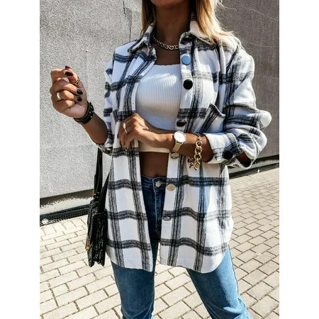 Women s autumn and winter loose plaid long sleeve shirt and jacket | Walmart (US)