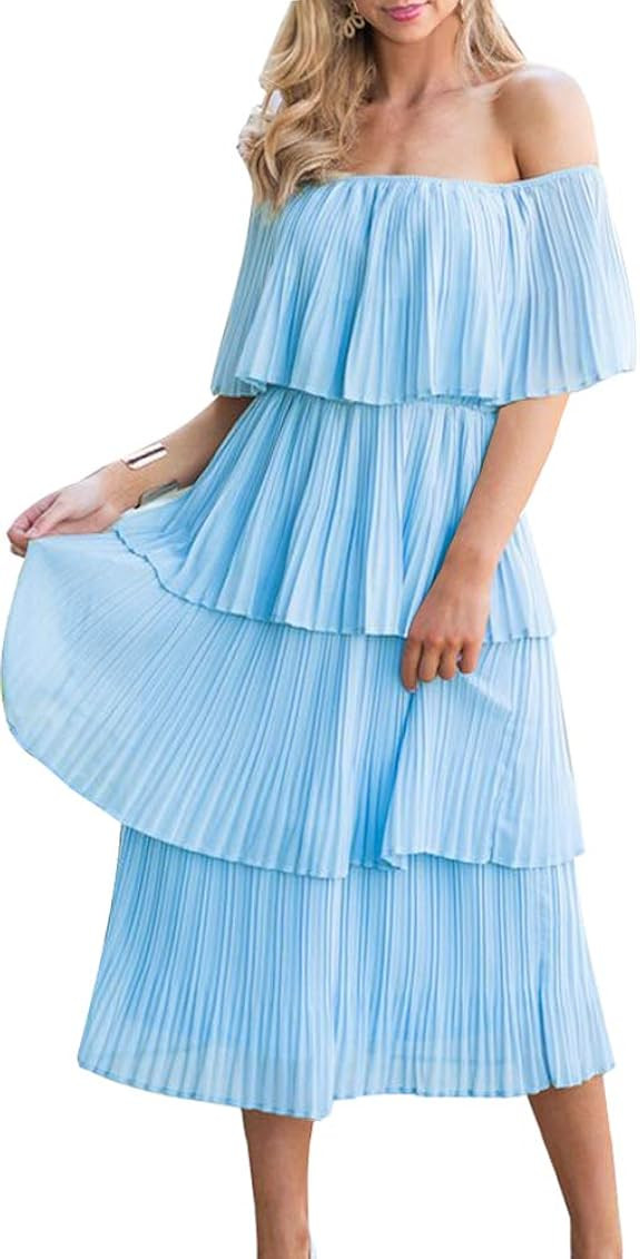 ETCYY Women's Off The Shoulder Ruffles Summer Loose Casual Chiffon Long Party Beach Maxi Dress … | Amazon (US)