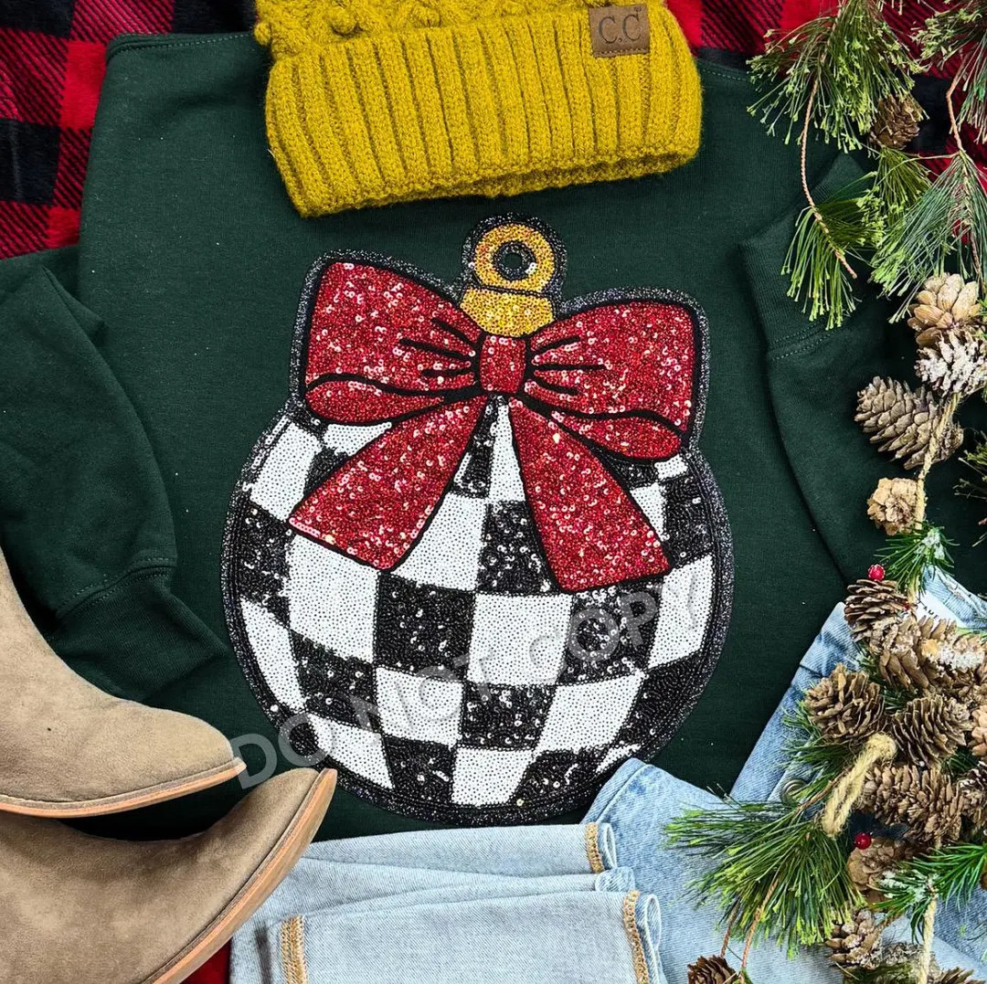 Christmas Sweatshirt Sequin Black and White Checkered Ornament - Etsy | Etsy (US)