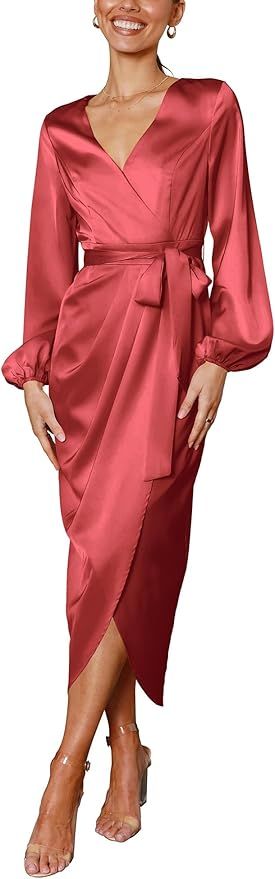 Cosonsen Women's Long Sleeve V-Neck Tie Waist Split Formal Cocktail Wedding Guest Dresses | Amazon (US)