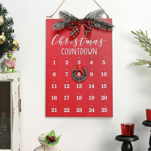 Christmas Countdown Calendar, Farmhouse Christmas Wreath Calendar, Vintage Advance Count Down to Christmas Sign, Xmas Wooden Hanging Decor for Wall Holiday (Red) | Amazon (US)