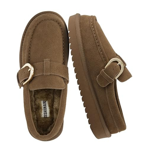 CUSHIONAIRE Origin Genuine Suede Mule Clogs for Women, Cozy Slip-On Moc Toe Loafer with Buckle and Faux Fur Cushioned Footbed, Brown 8.5 | Amazon (US)