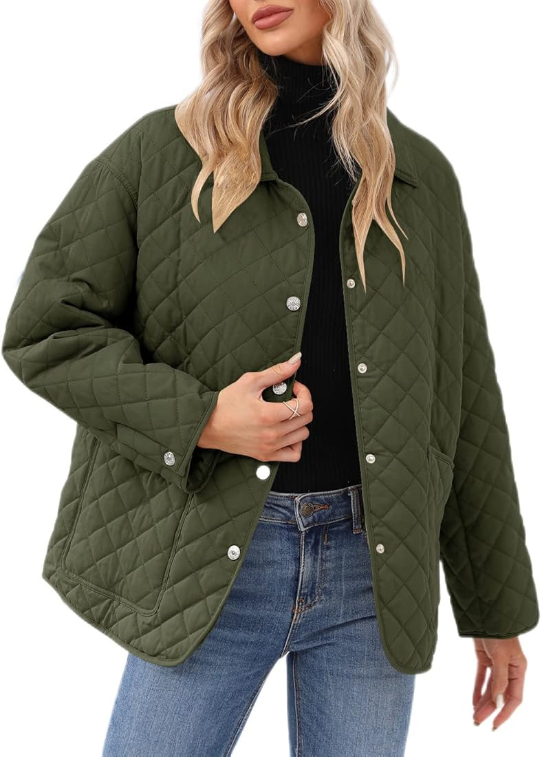 Women's Lapel Lightweight Quilted Jacket Concealed Buckle Long Sleeve Warm Oversized Coat with Two P | Amazon (US)