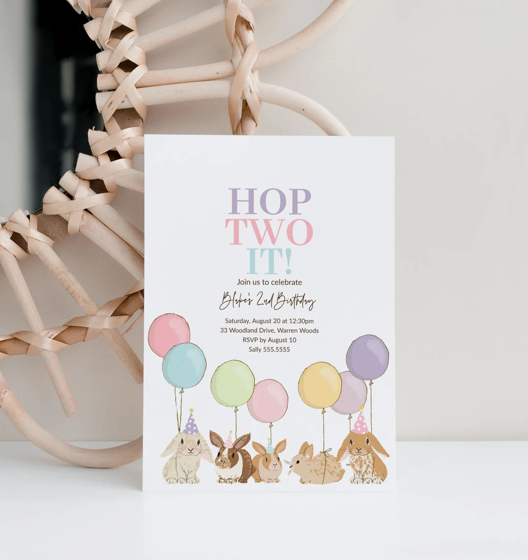 Rainbow Bunny Invitation, Bunnies and Balloons 2nd Birthday Party Invite, Hop Two It Invitation T... | Etsy (US)