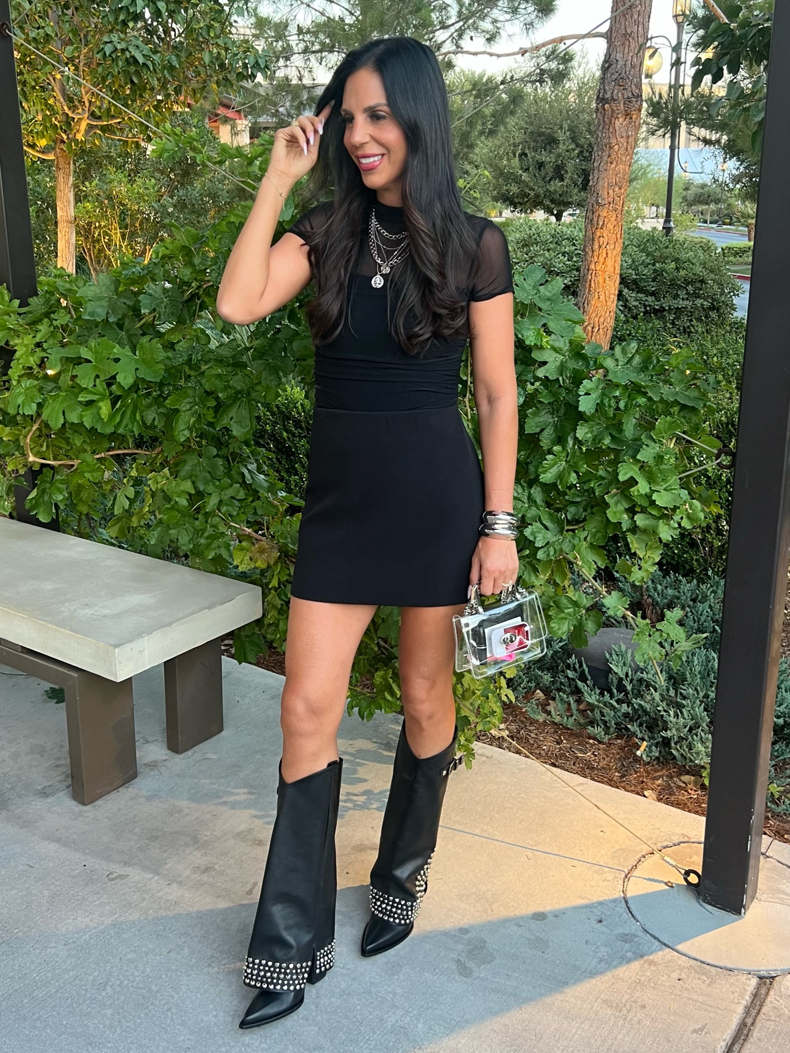 Bodysuit is mesh at the top and ruched in the mid section. So flattering. Wearing a small 
Skirt is a small and has a matching blazer 
Boots are made in Italy and will link both! 
Boots are a half size up 
The layered silver chain is a 10/10 and clutch can be worn as a cross body too 

#LTKShoeCrush #LTKU #LTKxPrimeDay