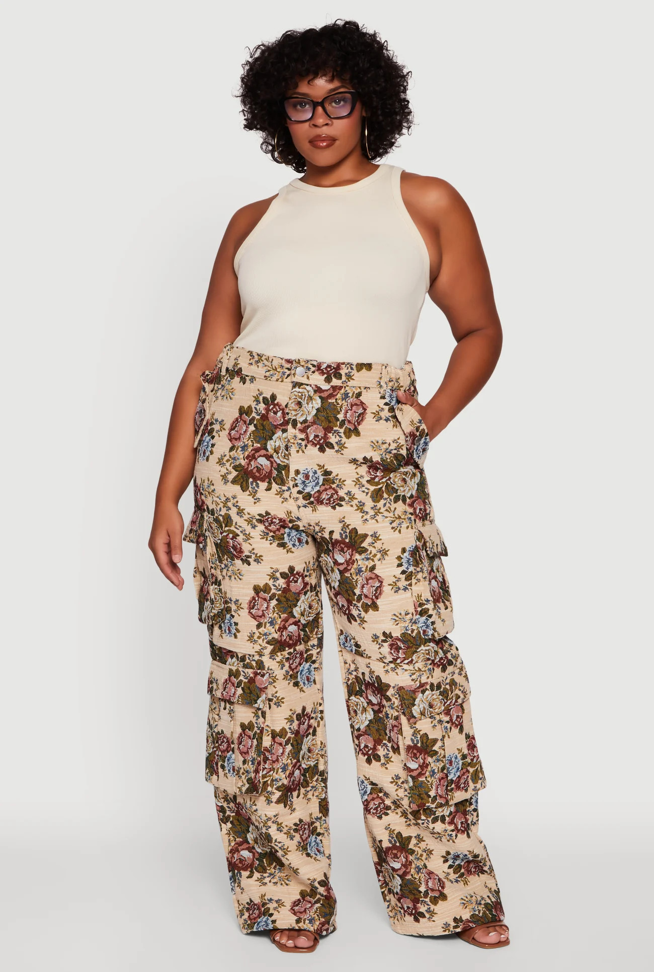 Plus Size Marled Floral Print High Waisted Cargo Pants | Rainbow Shops