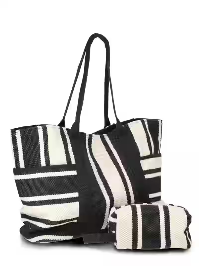 Time and Tru Women's Pocket Tote Handbag and Matching Pouch, Black and White Stripes | Walmart (US)