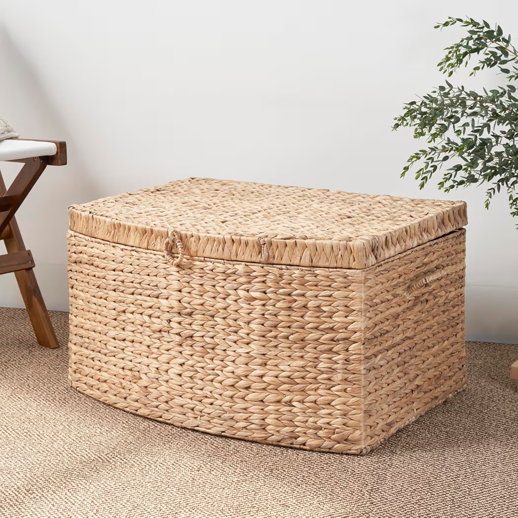 Rectangular Curve Water Hyacinth Woven Wicker Trunk with Handles - 26" X 19" X 14" - Natural Brow... | Amazon (US)