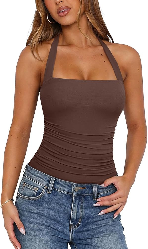 PINKMSTYLE Halter Square Neck Bodysuits for Women Mesh Sleeveless Thong Body Suits Tank Tops Doub... | Amazon (US)