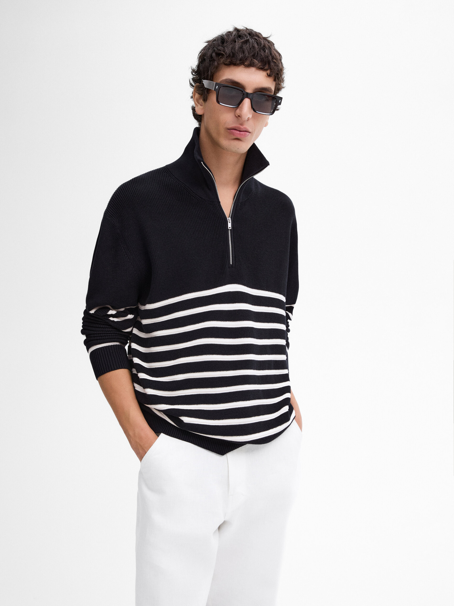 Contrast knit sweater with mock neck | Massimo Dutti UK