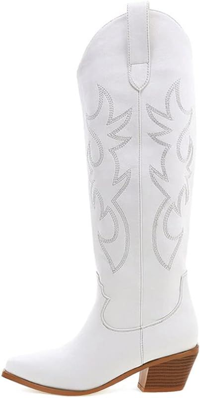 Cowboy Boots for Women Embroidered Pull-On Chunky Stacked Heel Cowgirl Knee High Western Boots | Amazon (US)