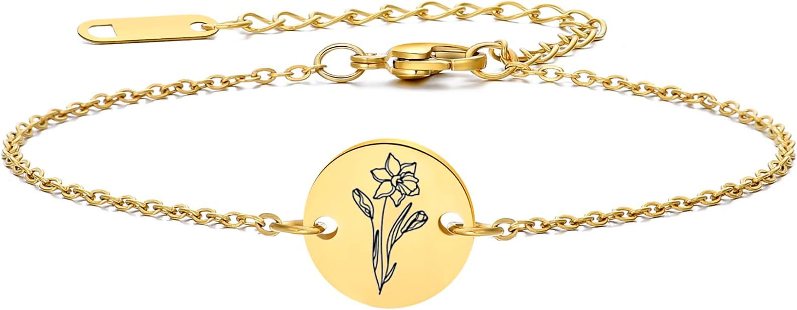 Birth Flower Bracelet 18k Gold Engraved Custom Floral Pendant Bracelets Dainty Stainless Steel Bi... | Amazon (US)