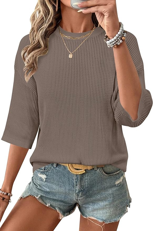Arach&Cloz Womens 100% Cotton 3/4 Length Sleeve Sweater Crochet Tops Shirts Casual Blouses Resort... | Amazon (US)