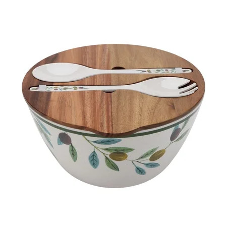 Better Homes and Gardens Bamboo Melamine Olive Salad Bowl with Acacia Wood Lid and Utensil Set | Walmart (US)