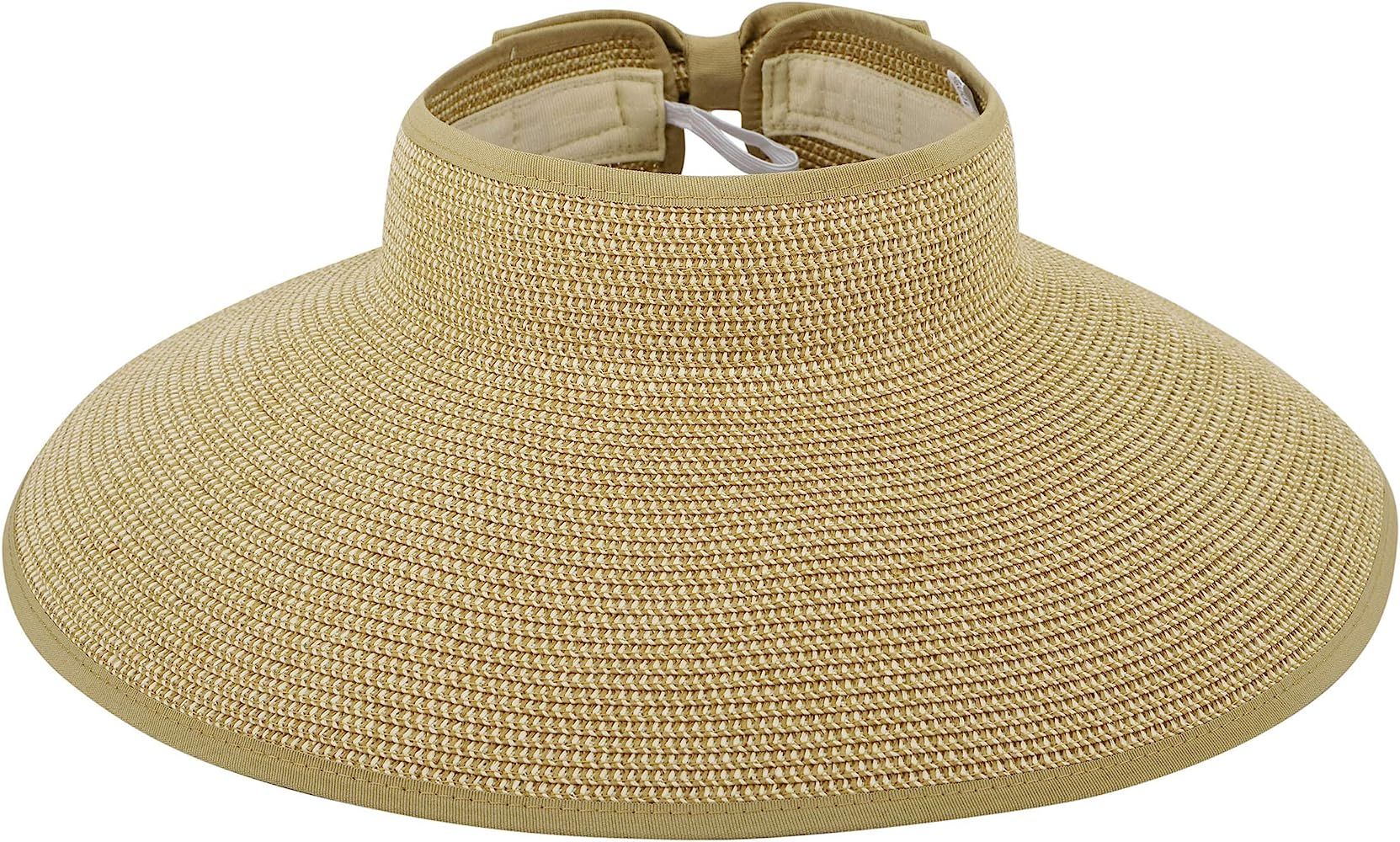 Livingston Womens Roll-Up Summer Sun Visor Wide Brim Straw Beach Hat, Beige Brown Mix | Amazon (US)