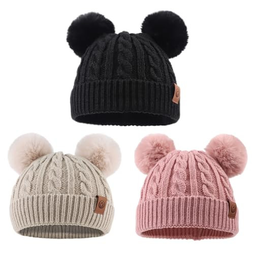 Warm Toddler Girl Beanie Knit Winter Hats for Kids Twist Baby Boys Girls Hat 1-4 Years (Black+Beige+Skin Pink) | Amazon (US)