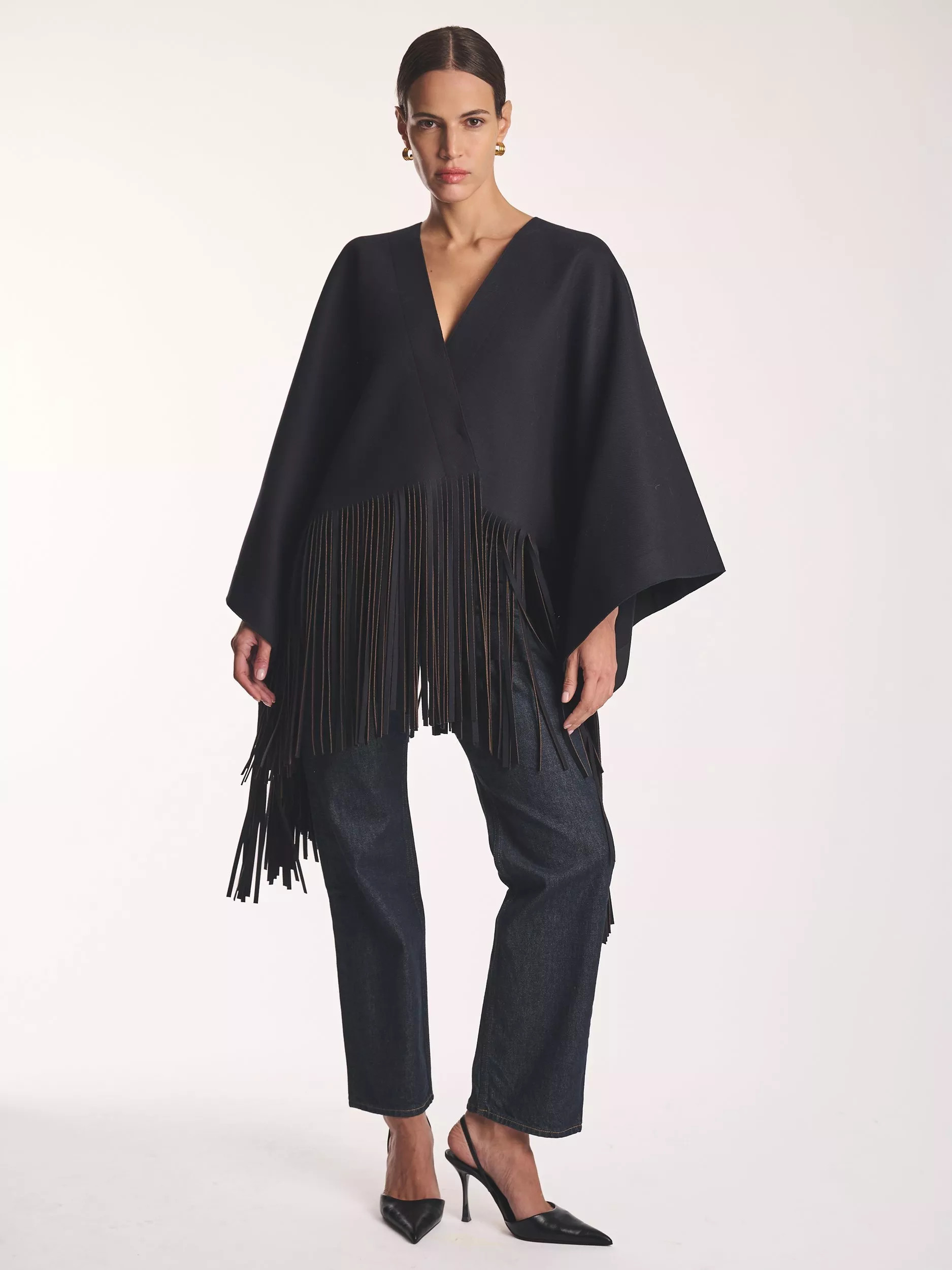 Amanda Wakeley Fringe V-Neck Wool Rich Cape, Navy | John Lewis (UK)