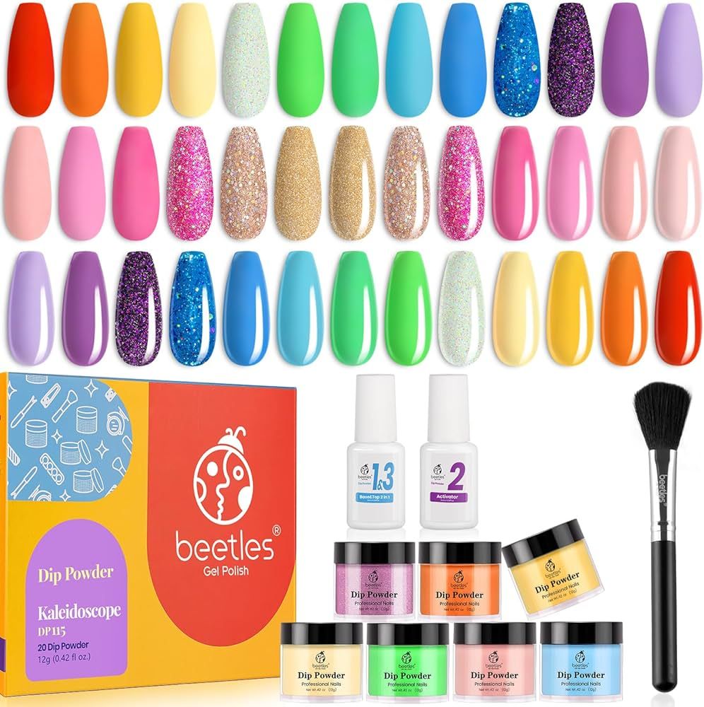 Beetles 20 Pcs Dip Powder Nail Kit Starter, Rainbow Dipping Powder Set Nude Glitter Kaleidoscope ... | Amazon (US)