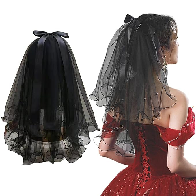 Black Veil Bow Pearls with Comb Women Bridal Bridesmaid Wedding Elegant Engagement Halloween Part... | Amazon (US)