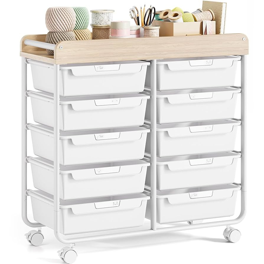Rolling Storage Cart with 10 Large Drawers, Utility Cart with Wooden TableTop for Craft Organizer... | Amazon (US)