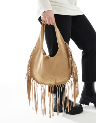 Glamorous boho fringed shoulder bag in beige faux suede | ASOS (Global)