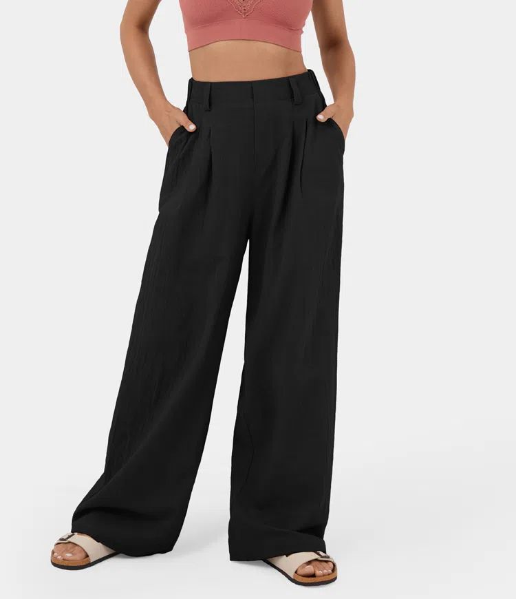 High Waisted Plicated Side Pocket Wide Leg Flowy Solid Palazzo Casual Cotton Pants | HALARA