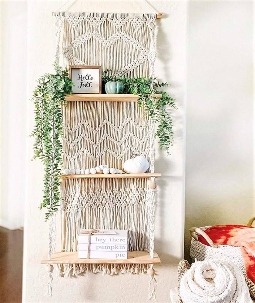 SnugLife Macrame Wall Hanging Shelf - 3 Tier Wall Shelves with Handmade Woven Rope - Boho Shelves... | Amazon (US)