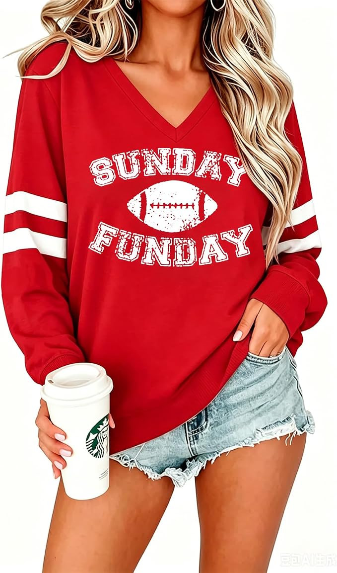 Women's Football Game Day Sweatshirt V Neck Sunday Funday Pullover | Amazon (US)