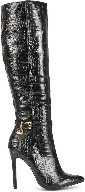 Womens Stiletto High Heel Pointed Toe Knee High Boots Ladies Croc Embossed Party Long Shoes | Amazon (US)
