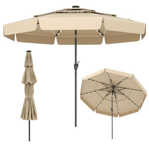 Tangkula 10 FT Solar LED Patio Umbrella, 3-Tiers Scalloped Outdoor Table Market Umbrella with 32 LED Lights, Tilt Adjustment, Crank, 8 Sturdy Ribs for Pool, Deck, Backyard (Beige) | Amazon (US)