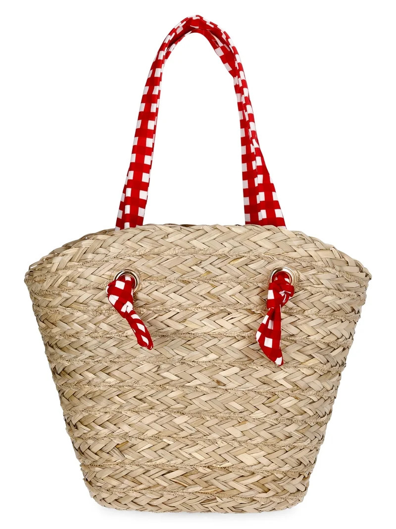Time and Tru Women's Seagrass Beach Tote, Natural/Red | Walmart (US)
