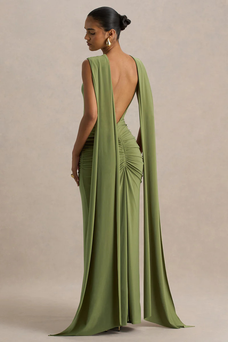 Premiere  Olive Boat-Neck Maxi Dress With Cape-Sleeves And Open-Back | Club L London