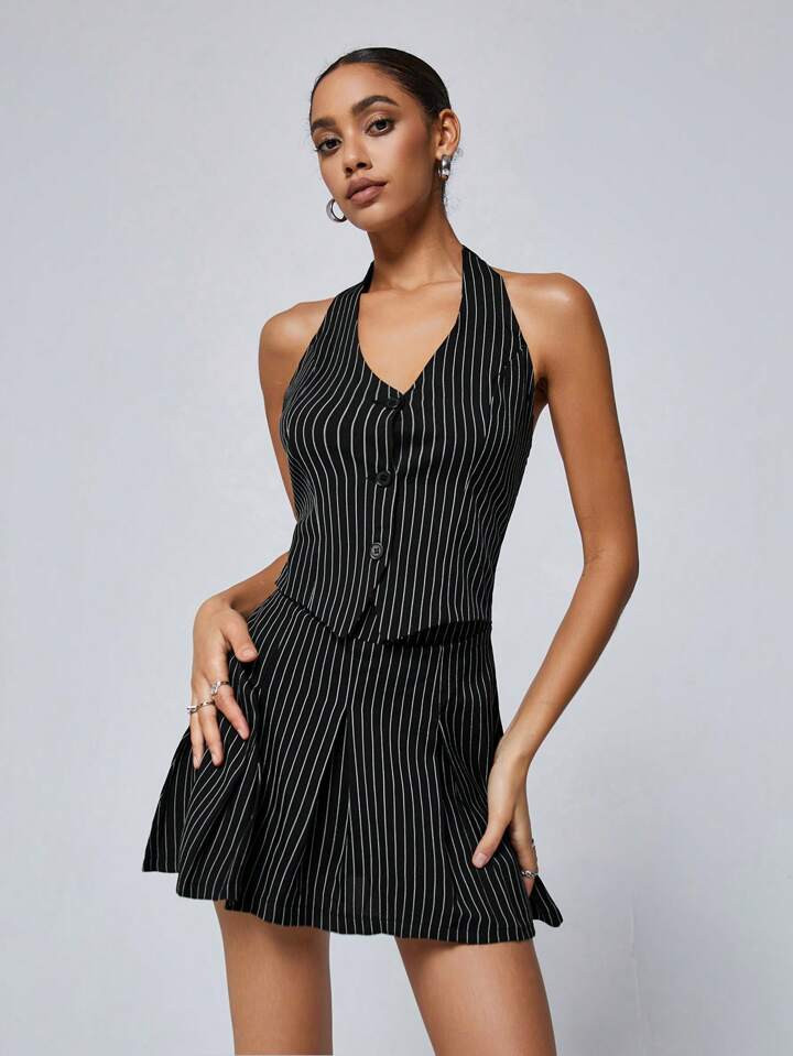 Aveloria Affinna Gestreepte Print Met Knopen Aan De Voorkant, Halternek, Rugloze Jurk Met Geplooide Zoom | SHEIN