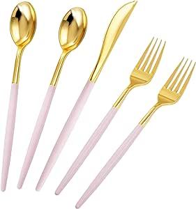 Rubtlamp 90Pcs Gold Plastic Silverware, Gold Plastic Utensils With Pink Handles Include 30 Plasti... | Amazon (US)