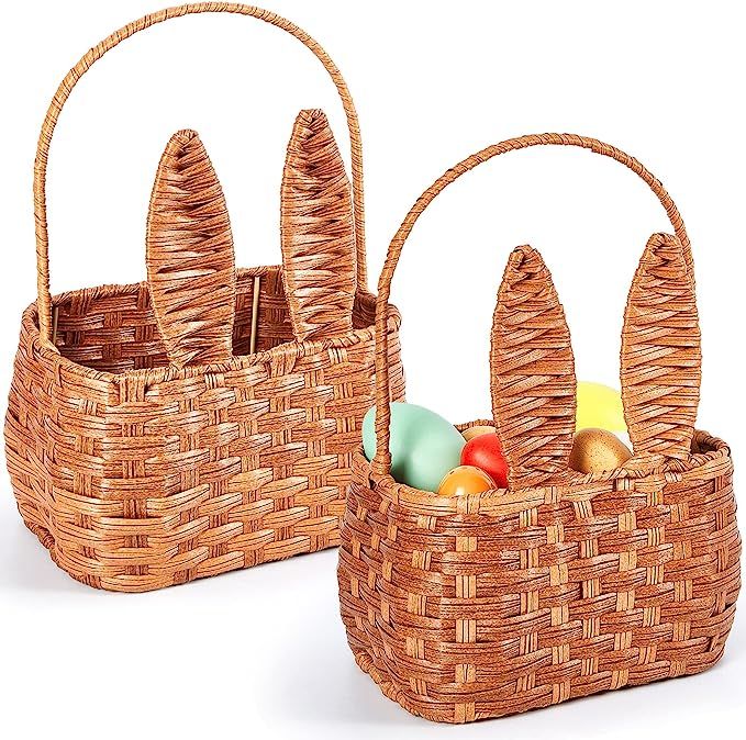 Easter Basket with Handle 2 Pieces Bunny Picnic Basket for Kids with Cute Rabbit Ears Rattan Gift... | Amazon (US)