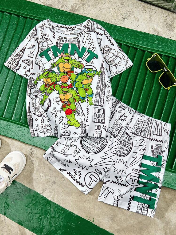 TEENAGE MUTANT NINJA TURTLES | SHEIN 2pcs/Set Young Boy Cartoon All-Over Print Stylish Short Sleeve T-Shirt And Shorts Athletic Casual Outfit | SHEIN