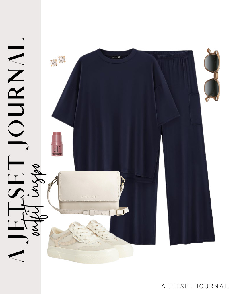 e love this navy two-piece set from PRETTYGARDEN and the Sam Edelman Simone sneakers combination! You can use the Portland Leather Goods metro crossbody bag and SOJOS round sunnies for this fit, then finish the look with e.l.f. Monochromatic Multi Stick and BBTO stud earrings.

#LTKSeasonal #LTKSaleAlert #LTKTravel
 

 