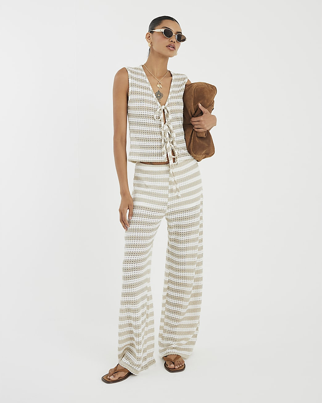 Cream Tie Front Striped Crochet Top | River Island UK & IE