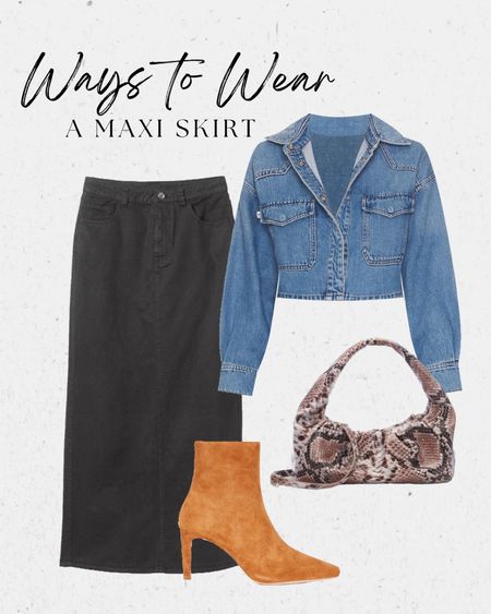 Ways to wear a maxi skirt: style with a cropped denim jacket and tan boots for a modern western feel #maxiskirt #waystowear #howtostyle #denimjacket 

#LTKstyletip #LTKshoecrush #LTKFind