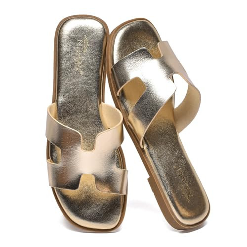NianEr Womens Microfiber Leather Memory Foam Support H Sandals Square Toe Dress Dressy Slip On Casual Cute Comfort Bride Bridal Wedding Designer Date Flat Sandals Summer Shoes Slides gold Size 7.5 | Amazon (US)