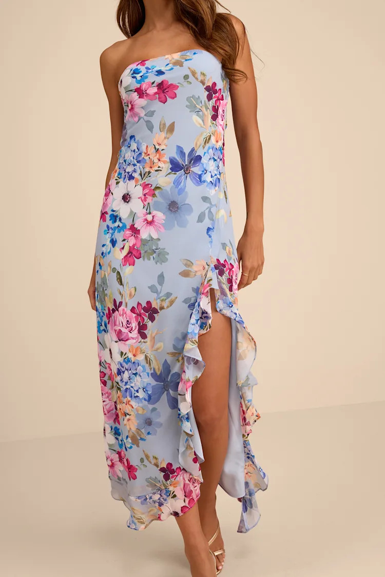 Melissa Light Blue Multi Floral Ruffled Midi Dress | Lulus
